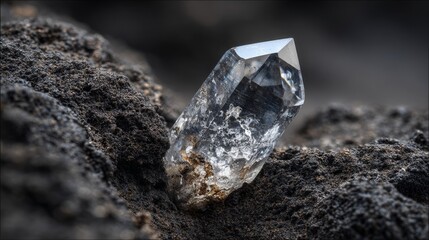 A clear quartz crystal emerging from a fissure in dark basalt rock, its geometric form contrasting with the amorphous volcanic texture.