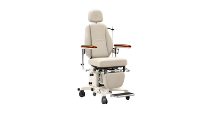 A medical chair with adjustable features and a neutral color scheme isolated on a black background