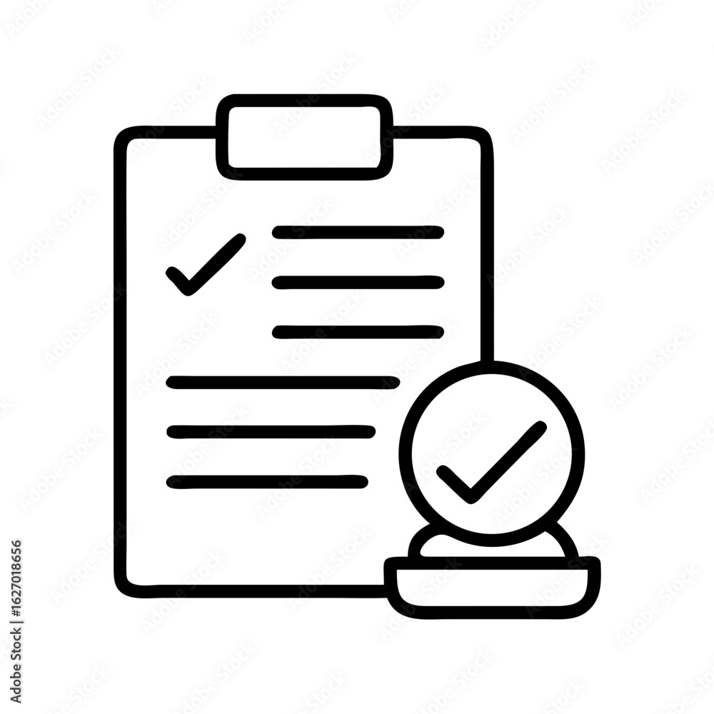 Poster checklist document with check mark and stamp icon for task management and approval process