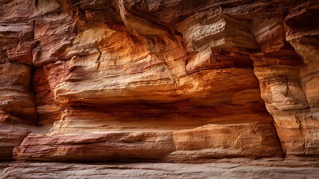 Close up of layered sandstone rock formations with warm orange and red hues