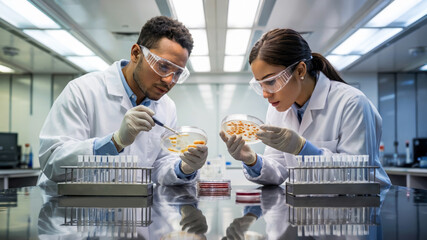 Researchers examining bacteria culture in Petri dish in a sterile lab, concept of disease detection