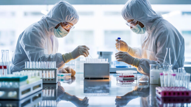 Two scientists in protective suits working with test tubes in a clean lab, concept of virus research