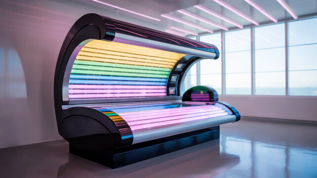 Futuristic collarium in a modern beauty studio, stylish design and soft glow highlight advanced skincare technology, concept of beauty care