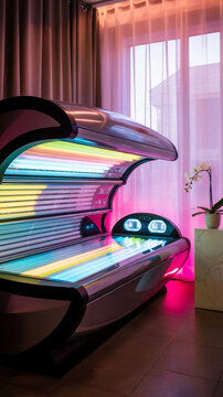 Futuristic collarium in a beauty studio with pink and neon lights, soft glow and high-tech design show the future of skincare, concept of beauty care