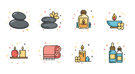 Spa and wellness line icon set with hot stones, essential oils, and candles for relaxation and beauty treatments