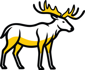 Stylized of a white and yellow moose with black outlines stands poised