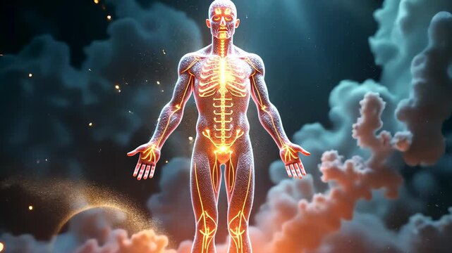 Human anatomy, skeletal structure, muscle anatomy. Body visualization. Bones withstand high impact. Muscles support efficient movement. 3D medical render shows detailed anatomy.