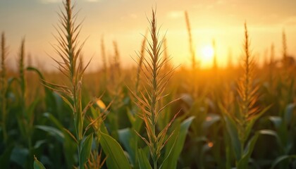 Fototapeta premium Close-up corn plants illuminated soft sunrise light. Wheat field at dawn. Golden sun rays. Agricultural landscape, idyllic farming. Growth, harvest, abundance concepts.