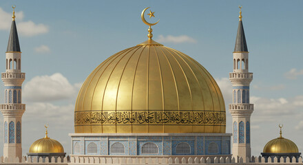 Majestic Golden Dome and Minarets of a Stunning Mosque Against a Cloudy Blue Sky