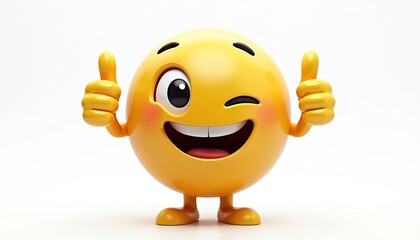 Cheerful yellow emoji gives two thumbs up, winking with big smile. Cute cartoon character positivity, approval, success. Excellent for marketing, advertising, web design, conveying encouragement