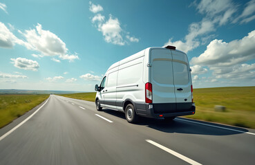 Obraz premium White van driving on countryside road during summer day. Vehicle in motion on asphalt lane under blue sky with clouds. Logistic and delivery transport concept, freelance courier services.