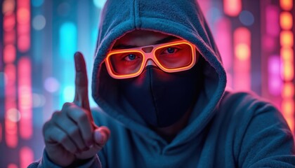 Mysterious hacker wearing hoodie, mask, glowing orange glasses points finger in colorful neon lights. Dark, tech-focused atmosphere with digital background. Represents cyber security, virtual