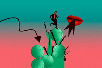 Poster image artwork pop collage of inexperienced businessman run arrow yuan coin mouth bankruptcy...