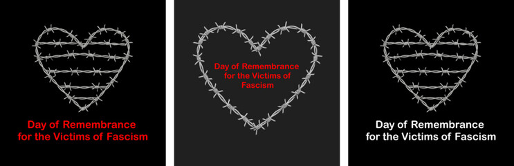 Heart-shaped memorial design for Day of Remembrance for victims of fascism, black background, vector, isolated  