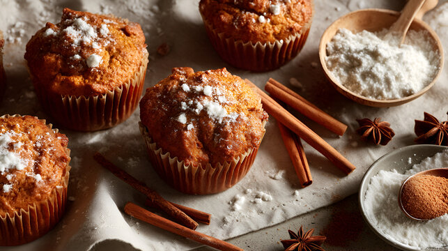 Delicious, freshly baked cupcakes topped with powdered sugar, cinnamon sticks and star anise are set on cloth. - Powered by Adobe