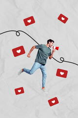 Creative banner collage of person speak megaphone with many likes on grey color background
