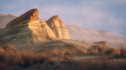 Naklejka premium Soft evening haze falling on rock formations and dry brush