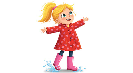 Cartoon full-body girl in rain boots and polka-dot coat, standing playfully with arms open, smiling at the sky, white background

