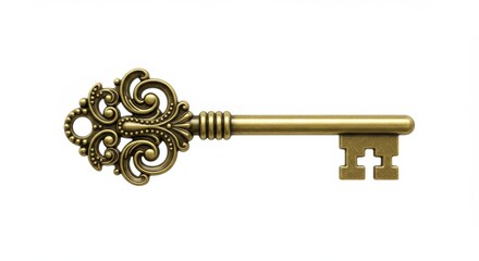 Ornate antique brass key isolated on white.