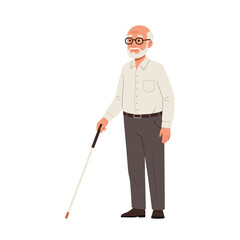 Elderly blind man standing with white cane and glasses in casual attire, transparent background, vector, isolated  