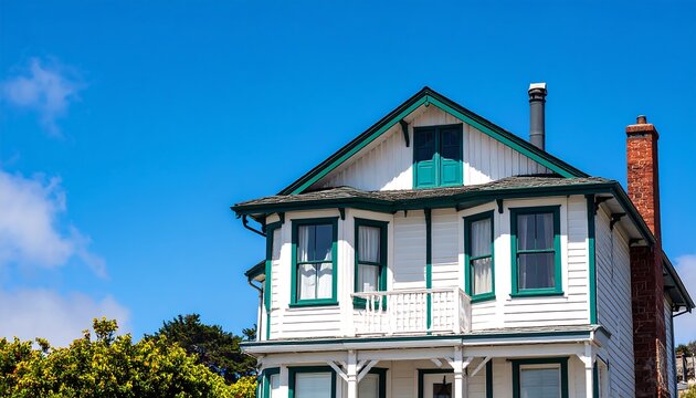 Charming white house with green trim under a clear blue sky