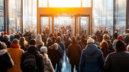 Crowd of people at shopping center entrance, sales season
