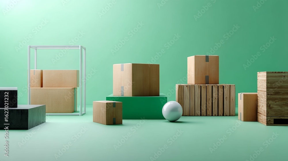 Poster modern geometric background with stacked cardboard boxes and balls on gradient turquoise setting
