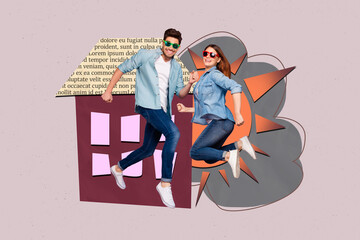 Banner pop collage of people jump near house picture on pink background