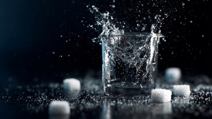 Glass of water splashing with ice cubes on black background in dramatic high-speed photography