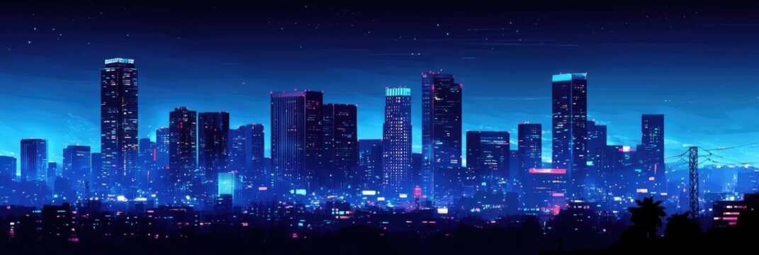 Neon-lit city skyline at night