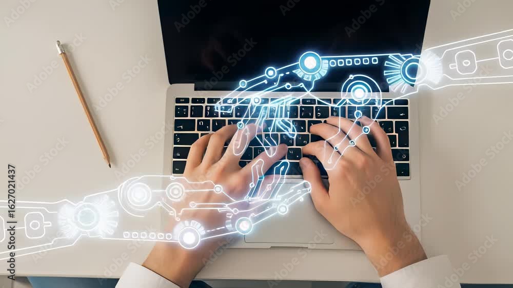 Poster creative typing session with technology integration and dynamic digital effects