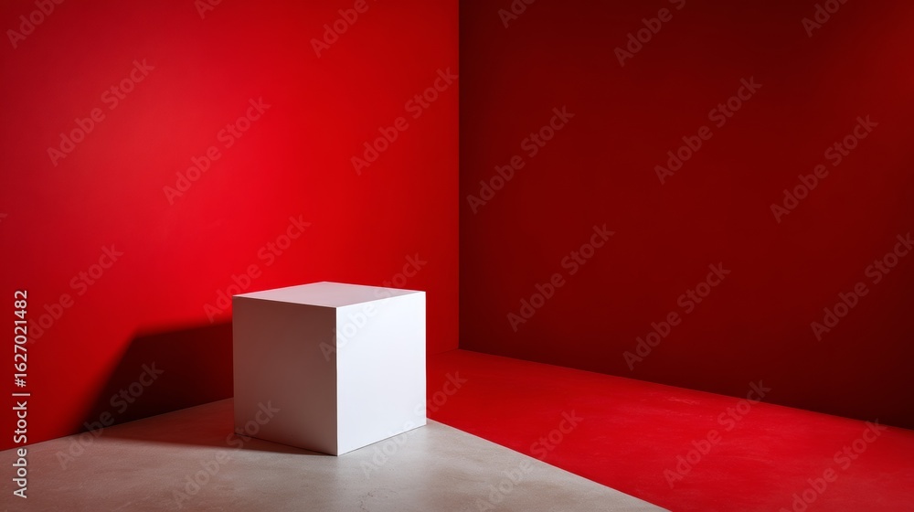 Poster white cube on red corner background with dramatic contrast and abstract product display setup