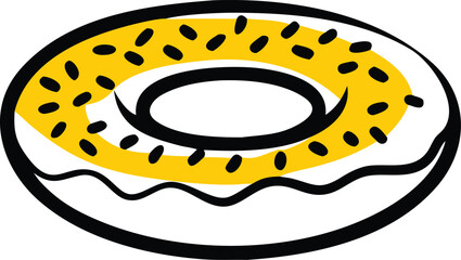 Yellow donut with black sprinkles and a thick black outline shown