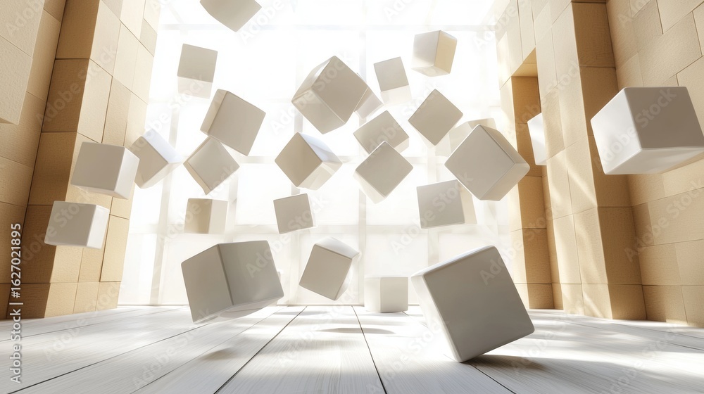 Poster floating white 3d cubes in architectural hallway space with light shadows and abstract perspective c
