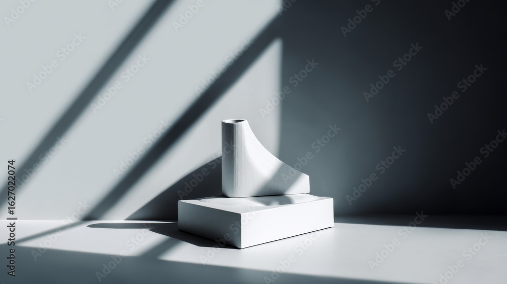 Poster white paper geometric shapes with clean shadows on gray background for architecture or design compos