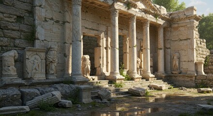 Obraz premium Ancient Roman temple ruins with weathered columns and statues.