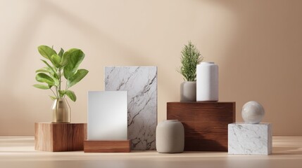 Skincare product bottles with marble and wood props in earthy minimalist branding composition background