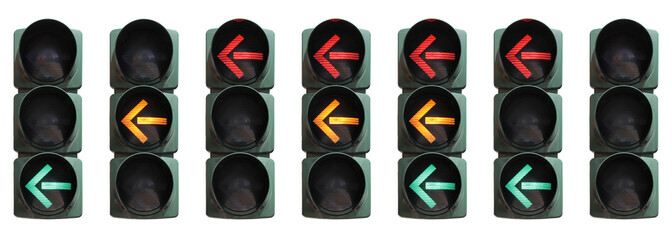 Set of isolated traffic lights for left turn with different color combinations.