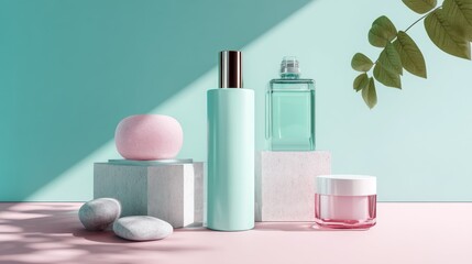 Pastel cosmetic soap and perfume bottles arranged elegantly on pink and blue background for spa product scene
