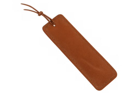 Simple brown leather bookmark with leather cord isolated on transparent background, perfect for marking your place in a book
