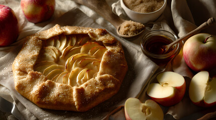 Rustic apple galette with sugar dusting surrounded by fresh apples and warm ingredients on linen cloth.