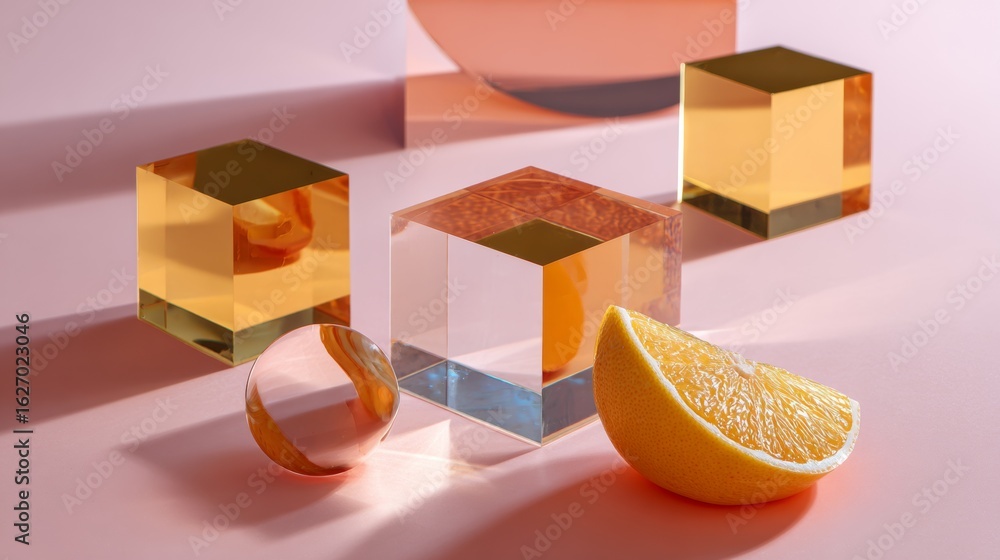 Aufkleber geometric citrus soap blocks floating in translucent cubes for abstract product concept design studi