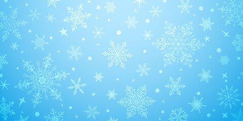 A vibrant Christmas illustration featuring intricate snowflakes in various sizes and designs, interspersed with small stars and circular elements, white on light blue background.