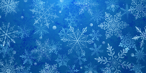 A vibrant Christmas illustration featuring large intricate snowflakes in various designs, layered with depth, interspersed with small circles, white on blue background.