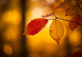 Obraz premium Autumn Leaves Branch Against Golden Sunlight