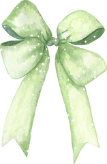 Cozy Christmas bow in muted green with white polka dots, watercolor texture, isolated on white background.