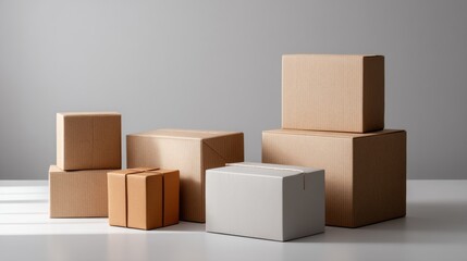 Brown and white cardboard boxes stacked in minimalist setting for packaging and delivery branding concept photo