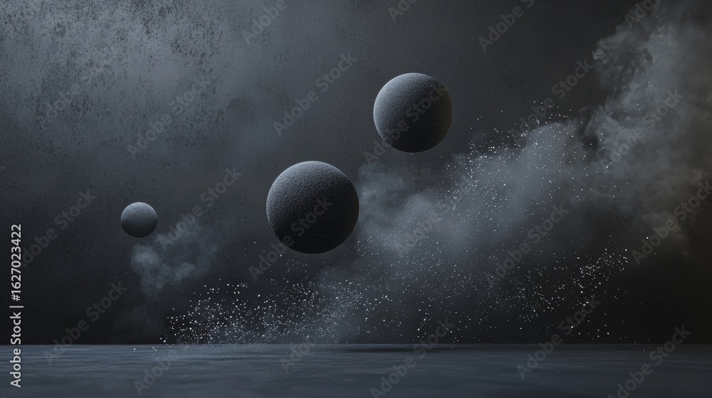 Poster floating dark spheres in smoky scene with soft lighting for mysterious abstract 3d background concep