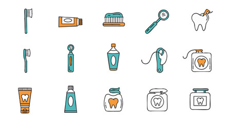 Dental Hygiene Essentials Collection of Brushes, Floss, Paste, and Mouthwash Icons
