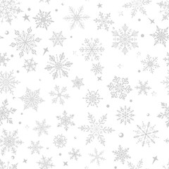 Christmas seamless pattern with big and small snowflakes in various designs, gray on white background.